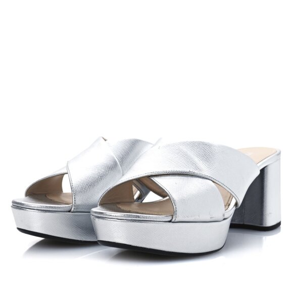 NWT Prada Platform Sandals Metallic Silver Saffiano Leather Crisscross Strap - Picture 2 of 11